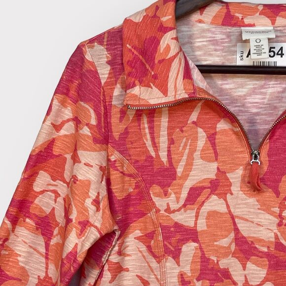 Chico's Weekends 1/4 Zip Top Women Size S/4 (0) Pink Floral 3/4 Sleeve Pockets - Picture 8 of 15